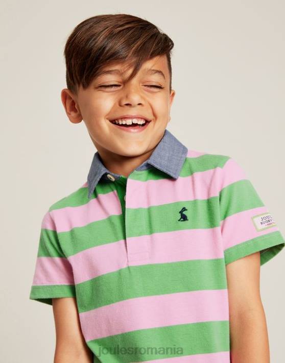 Joules băieți tricou polo ozzy stripe 2-12 ani 48DH337 îmbrăcăminte dungă verde roz | Joules Romania