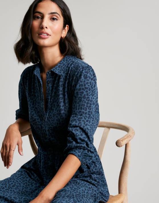 Joules femeilor rochie cămașă midi din jerseu nova 48DH94 îmbrăcăminte leopard albastru | Joules Romania