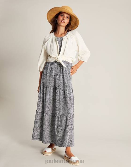 Joules femeilor rochie cu etaje din jerseu jayne 48DH100 îmbrăcăminte salcie albastru închis | Joules Romania