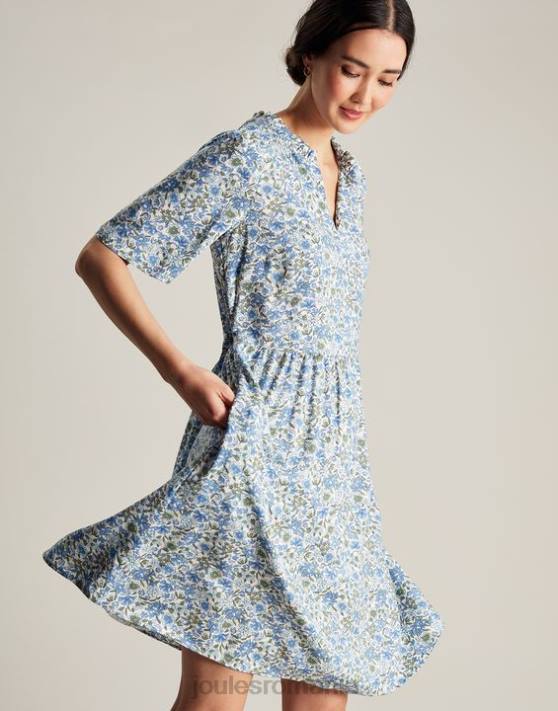 Joules femeilor rochie scurtă cu decolteu cu volanuri 48DH17 îmbrăcăminte ditsy albastru | Joules cizme