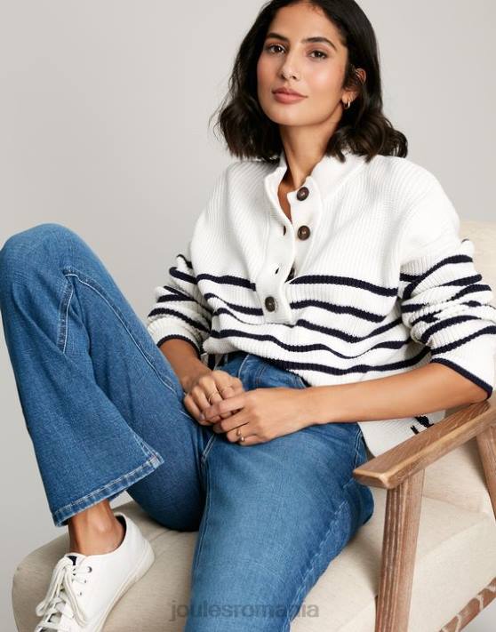 Joules femeilor cove button prin pulover gros 48DH90 îmbrăcăminte dungă crem bleumarin | Joules bags